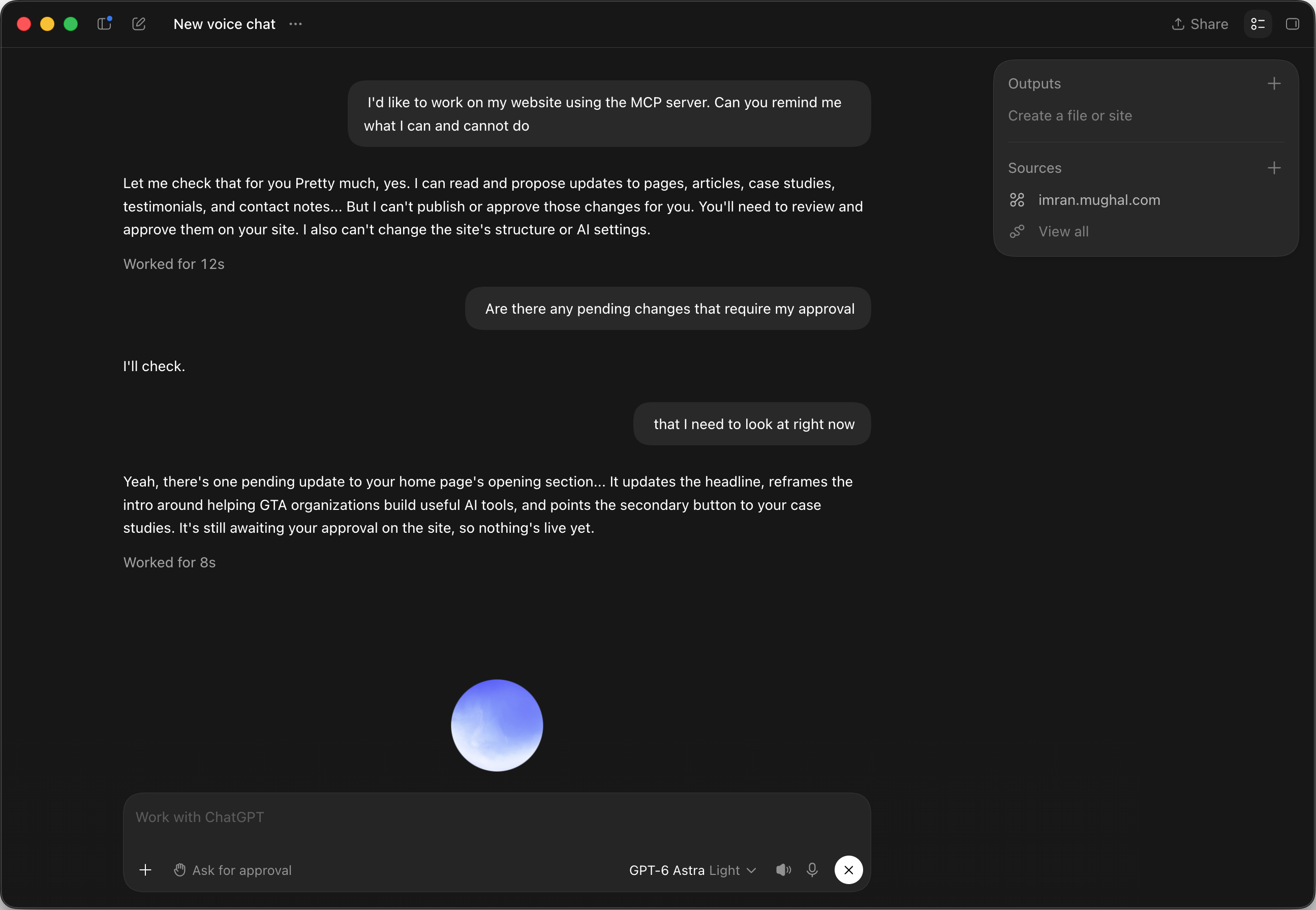 A client I did not build, running a model I did not train, describing its own proposal and then stating the limit. Nothing is live until it is approved on the site.