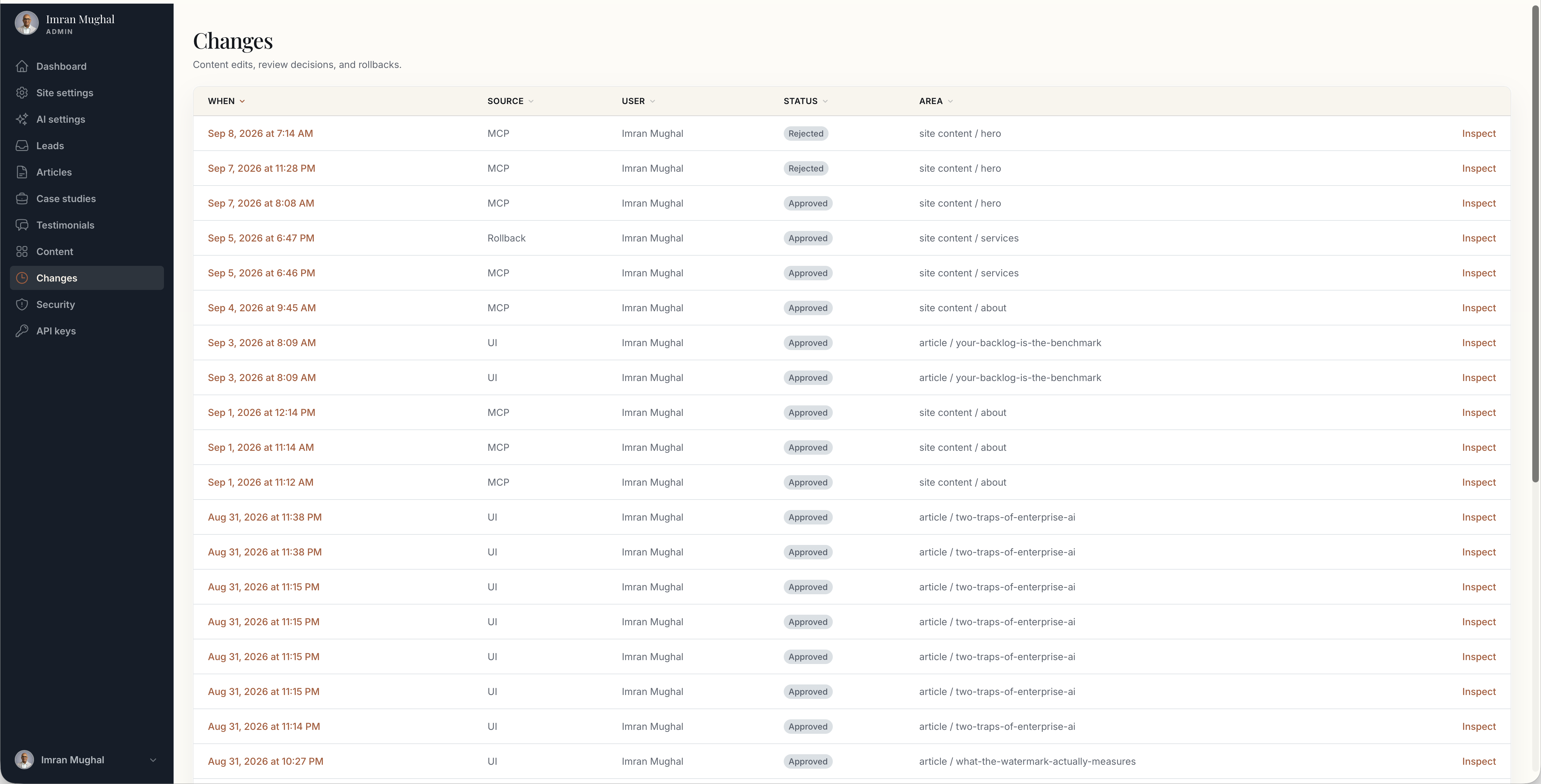The record. Source, decision and area for every change, including the hero rewrites I turned down, with rollbacks logged as changes in their own right.